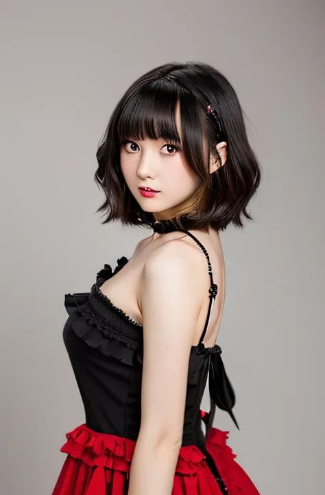 White plain background, studio. photo of a cute and beautiful vampire Japanese teenage actress (cloth: red and black), lots of frills, black long dress with, red large breasts,, black wavy bob hair blowing in the wind, standing and holding a whip