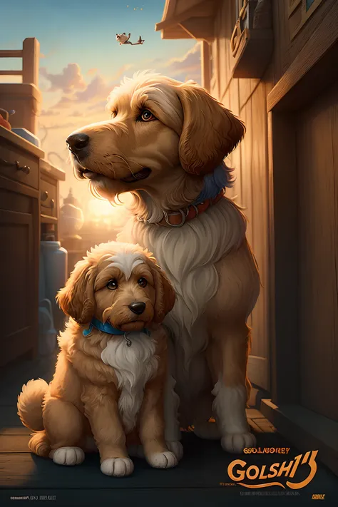 Disney Pixar movie poster titled “Nash” and in the image have a goldendoodle with a dog