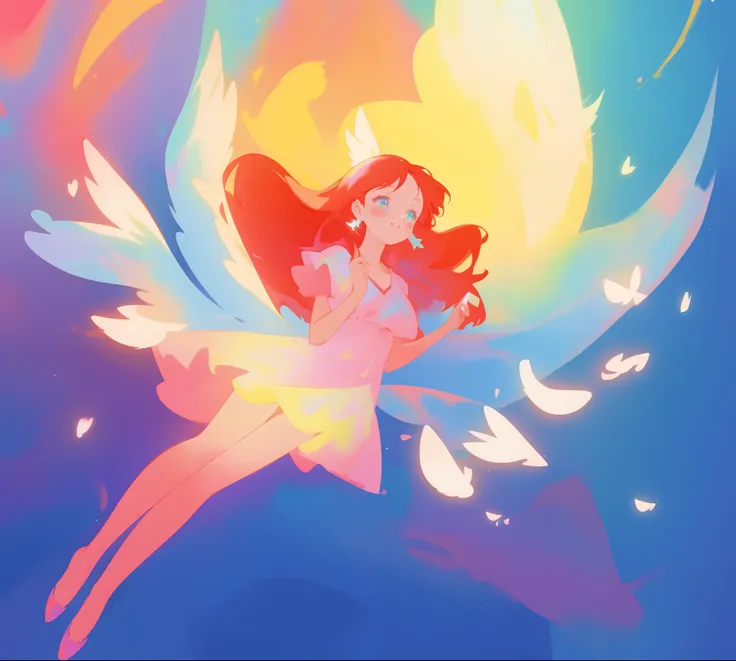 beautiful angel girl in colorful shimmering puffy dress, ((colorful angel wings)), vibrant pastel colors, long flowing red hair, colorful fantasia background, watercolor illustration, disney art style, beautiful digital illustration, beautiful, masterpiece...