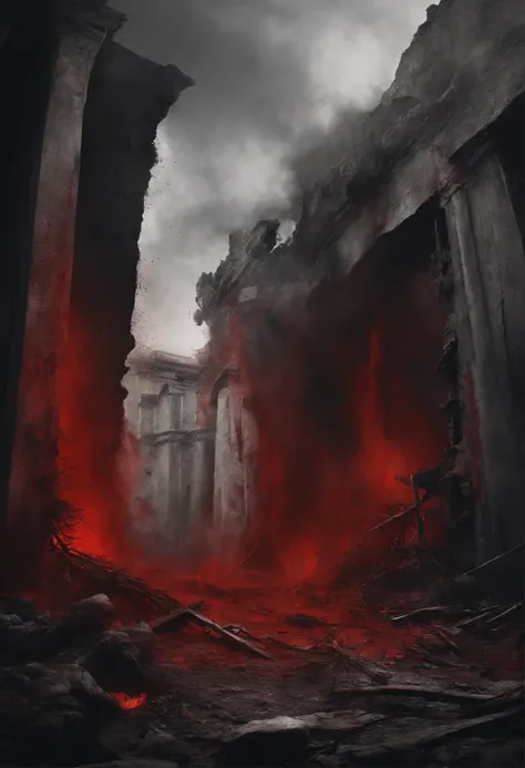 Complete and total darkness drawing of the destruction of world blood paints the walls