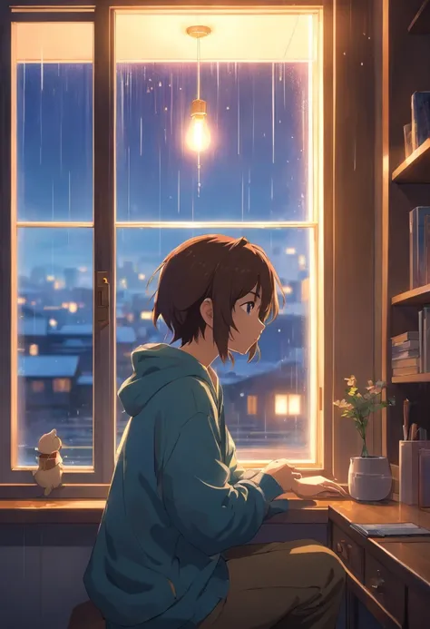 ，masterpiece, best quality，8k, ultra highres，The protagonist sits by the window，Looking out the glass window at the drizzle。The raindrops seem to represent the tears in the protagonists heart，Scratch a blurry mark on the window。The lights in the room are d...