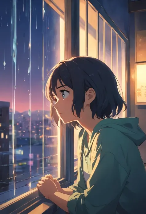 ，masterpiece, best quality，8k, ultra highres，The protagonist sits by the window，Looking out the glass window at the drizzle。The raindrops seem to represent the tears in the protagonists heart，Scratch a blurry mark on the window。The lights in the room are d...