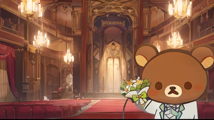 there is a cartoon bear that is holding a bunch of flowers, maplestory mouse, a mouse in a gothic atelier, wallpaper!, palace background, pixiv contest winner, ballroom background, alchemist library background, in a throne room, wallpaper - 1 0 2 4, inspir...