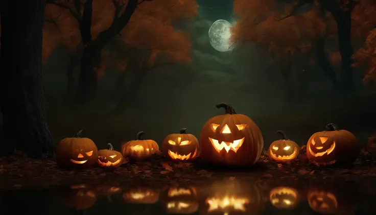 Fondo, con tematica de halloween, bosque oscuro con velas y calabazas en el suelo, la luna en el cielo.