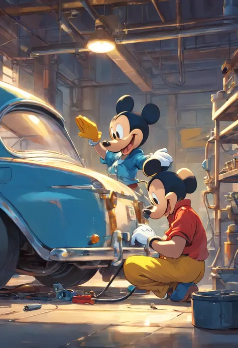 "Masterpiece illustration of Mickey Mouse and Donald Duck repairing cars as skilled mechanics, With perfect body proportions and impeccable detailing of the head, High- sharpness."