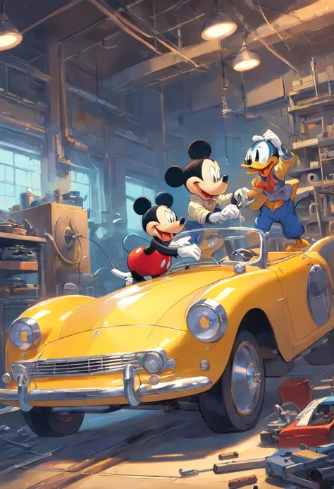 "Masterpiece illustration of Mickey Mouse and Donald Duck repairing cars as skilled mechanics, With perfect body proportions and impeccable detailing of the head, High- sharpness."