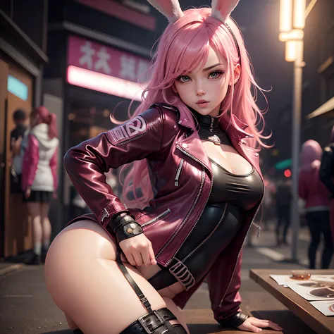 Cute and sexy girls, Pink hair, bunnygirl, leather jackets，A hyper-realistic, Detailed Lighting, Anime, Having，girl，​masterpiece，