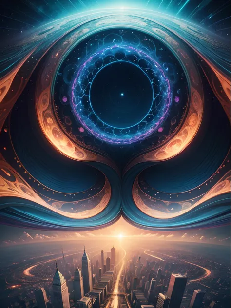 generate an illustration in the magical realism and visionary genre of a city in the midst of some supernatural phenomenon, reality bends and distorts from a curved perspective, melting, and layers of ever-shifting patterns and multi-colored fractals refle...