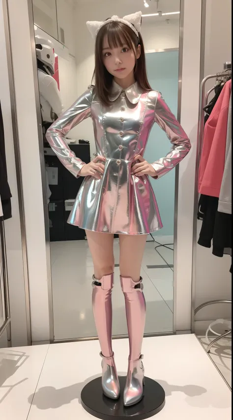 Robot Girl, pink there, Silver, Metallic body, Robot Parts, Metal Parts, Super Detailed Face, Super well-formed face, of the highest quality, a small face, small head, Brown hair, Slender body, Camera gaze, Internal Mechanical Exposure, Idol, front facing,...