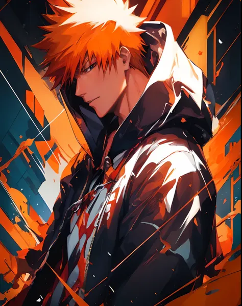 a man with orange hair and a hoodie standing in front of a building, ichigo kurosaki, ichigo, anime wallpaper 4 k, anime wallpap...