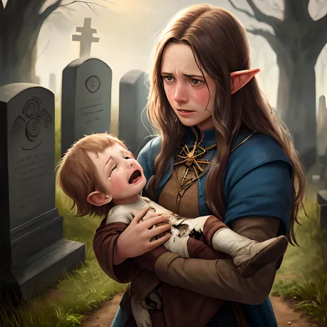 Young, sad, long haired, halfling cleric, hippy holding child bones in a graveyard. Crying. Ultra realistic- ultra detailed- 4k- adobe lightroom-