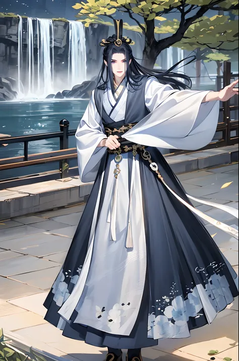 1boys, 独奏，（the night：1.2）long whitr hair, blue eyes, chinese clothes，hanfu，mont，waterfallr，florals，the tree，florals，dynamic shot...