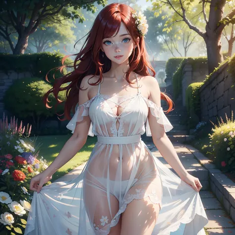 best quality,4k,8k,highres,masterpiece:1.2),ultra-detailed,realistic,beautiful redhead girl with fair skin,gorgeous green eyes,long flowing red hair,rosy cheeks,porcelain complexion,lovely freckles,captivating smile,elegant posture,standing in a blooming g...