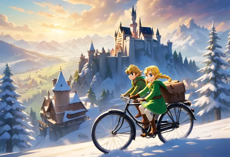 3d pixar animation style poster of a teen boy with blonde curly hair german boy waring ww2 overcoat with his younger brother sitting sideways on his ww2 bicycle standing on top of a tall hill on the foggy schwarzwald with tall silver firs in the foreground...