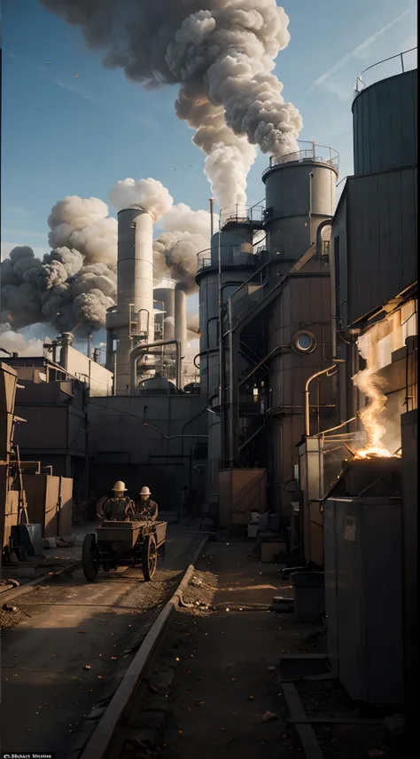 A depiction of a factory during the Industrial Revolution, with workers operating machinery and smoke billowing from the chimneys