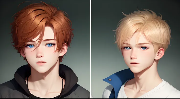 Make two boys. One shorter with messy Auburn hair and hazel eyes. The other taller, skinny with blond hair and blue eyes.