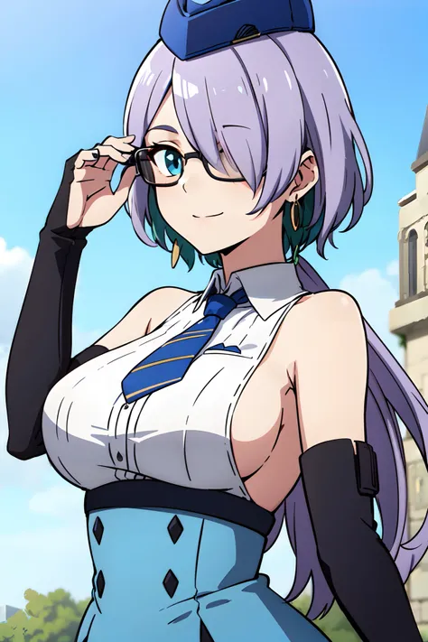 BRID, HAIR OVER ONE EYE, GARRISON CAP, EARRINGS, NECKTIE, SLEEVELESS, SIDEBOOB, BRIDAL GAUNTLETS, HIGH-WAIST SKIRT, BLUE DRESS, 1girl, solo, upper body, facing viewer, looking at viewer, smile. (Adjusting eyewear:1.2)