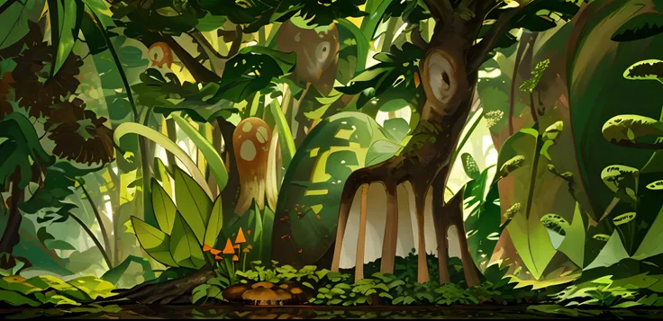 forest, ground, (brown trunk, mangrove), green monstera, (big rock), dirt, mushrooms, plant, tree, flower, grass, bush, broadleaf plant, (detailed, masterpiece, high quality,)