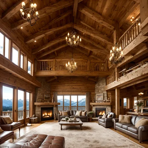 Living Room
Style: Alpine Elegance
Interior: Step into the living room, where vaulted ceilings adorned with exposed wood beams create a sense of grandeur. The focal point is a grand stone fireplace, complemented by large chalet-style windows that frame the...