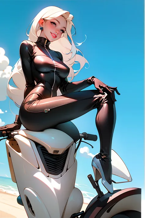 masterpiece, (masterpiece, top quality, best quality),1girl, solo, bodysuit, breasts, long hair, white background, smile, simple background, medium breasts, helmet, looking at viewer, skin tight, sitting, lips, blue bodysuit, motorcycle, black gloves, glov...