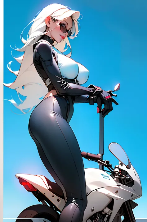 masterpiece, (masterpiece, top quality, best quality),1girl, solo, bodysuit, breasts, long hair, white background, smile, simple background, medium breasts, helmet, looking at viewer, skin tight, sitting, lips, blue bodysuit, motorcycle, black gloves, glov...