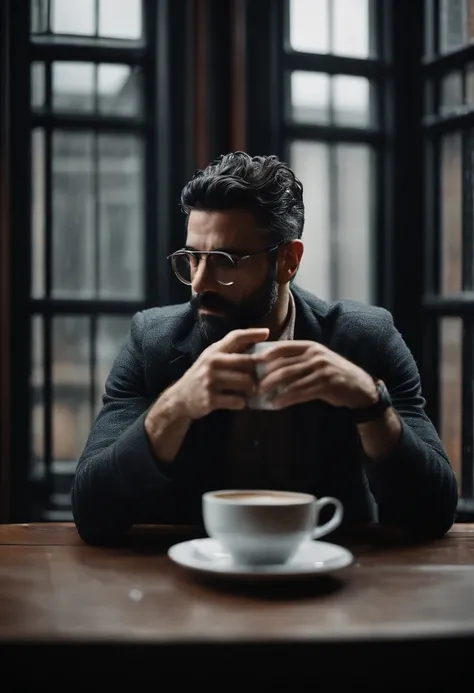 Oscar issac, drinking a coffee beside a window, pepper hair, wire frame glasses, low exposure. Rainy.