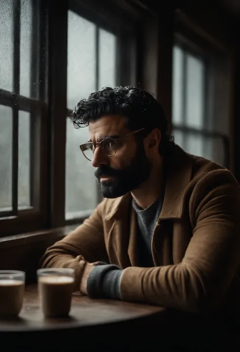 Oscar issac, drinking a coffee beside a window, pepper hair, wire frame glasses, low exposure. Rainy.