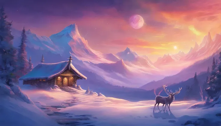 Fantasyart, Best Quality,hight resolution,(masutepiece:1.2),Ultra-detailed,Reindeer in the foreground,Multiple reindeer,Beautiful aurora borealis in jade color, Mysteriously shining aurora borealis,A snow-capped mountain towering in the far back々, Two-stor...