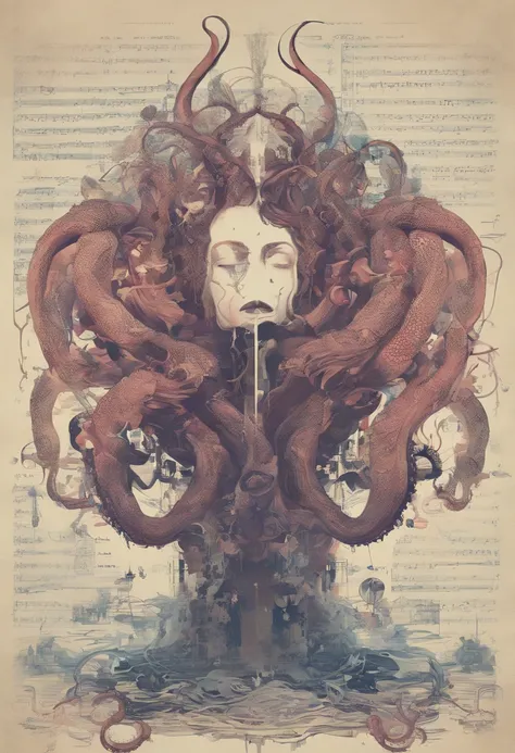 Uma entidade semelhante a um polvo e um humano, Music Lovers, programming, jogos, STORIES, poesia, filosofia, e jazz, Her hair is multi-tentacle, Its head is that of an octopus, Your body is that of a human being, e ele usa streatwear, cinemactic, 75 milli...