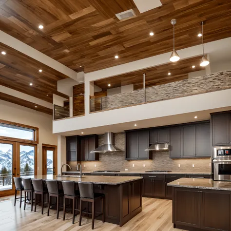 Gourmet Kitchen
Style: Modern Alpine
Interior: The open kitchen is a chefs dream, equipped with granite countertops, stainless steel appliances, and a substantial center island that doubles as a prep area and a breakfast bar.
Decor: Dark wood cabinetry pro...