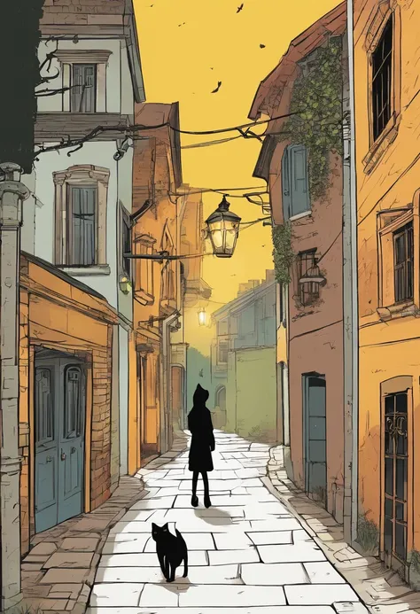 Create a scene, in a dark street inspired by the streets of London, lit only by the yellow light of a distant streetlight. the street tiles are wet and fog hangs in the air. The street is deserted, only two young people stand out in the landscape. A girl w...