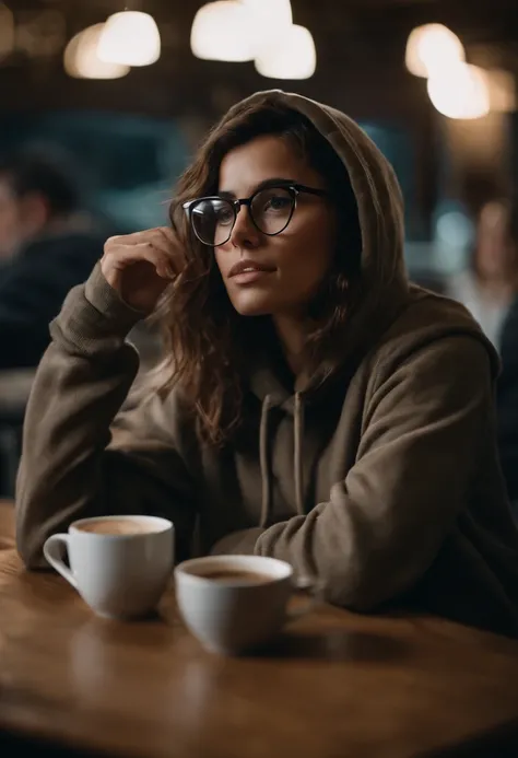 Brown haired girl in glasses, latina, shoulder length messy hair, wearing a hoodie. Sitting beside oscar isaac drinking a coffee. Well detailed. Low exposure, close up, rainy.