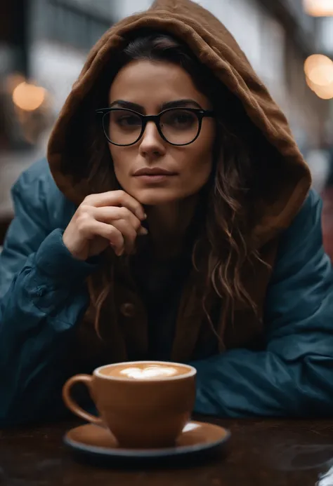 Brown haired girl in glasses, latina, shoulder length messy hair, wearing a hoodie. Sitting beside oscar isaac drinking a coffee. Well detailed. Low exposure, close up, rainy.