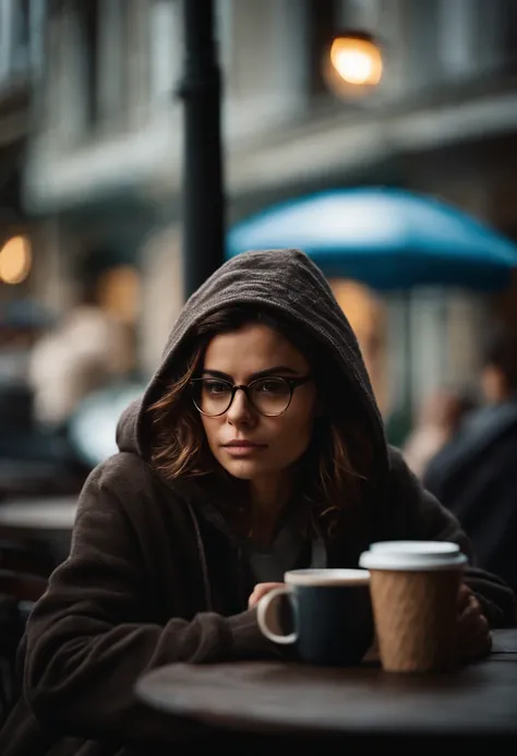 Brown haired girl in glasses, latina, shoulder length messy hair, wearing a hoodie. Sitting beside oscar isaac drinking a coffee. Well detailed. Low exposure, close up, rainy.