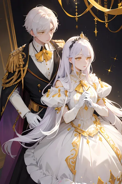 prinz，Young men，male，1boy，mature male，manly，Purple blood，Yellow decoration，citrine，Pedras preciosas，shine，sparkling，Depict the delicate eye，Opal eyes，Depicts delicate facial features，white uniform，Maximalism，Sophisticated design，White gloves，goth style，Gor...