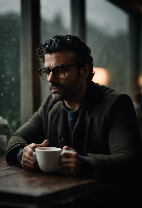 oscar isaac, pepper hair, wire framed glasses, drinking a coffee. Well detailed. Low exposure, close up, rainy.