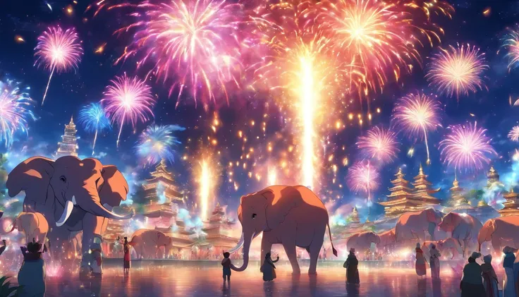 Spectacular fireworks display. Fireworks are huge、The Golden Maharaja is in the middle、a person々and elephant flamingos.々Animals are watching fireworks