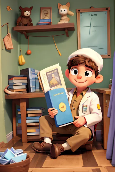 Comical characters　Teach Trivia　Male child　Holding a book in hand　Dr　wearing lab coat