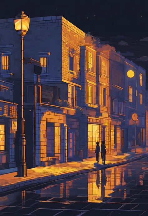 Create a scene, at night, on a dark street inspired by the streets of London, lit only by the yellow light of a distant streetlight. the street tiles are wet and fog hangs in the air. The street is deserted, only two young people stand out in the landscape...