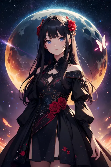 ​masterpiece、Background with（（Fantastic starry sky、kosmos、Meteor swarm、black hole、Irridescent color））depth（（planetes））、Red dress with black floral embroidery、a beauty girl、Fantastic rainbow-colored butterflies flutter around