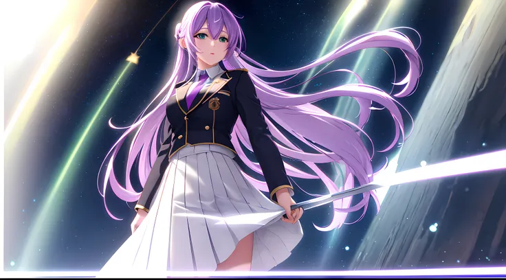 Athena with plain long light purple hair,hair between eyes,green eyes,rosy cheeks,full lips,thin eyebrows,slender body,wearing school coat necktie and full long skirt,cute anime girl,full body,christmas trees in background,anime style,extremely deep depth ...