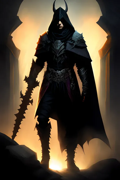 pongiluppi, dark cloak, dark rogue, d&d dark sun character art,dark tiefling