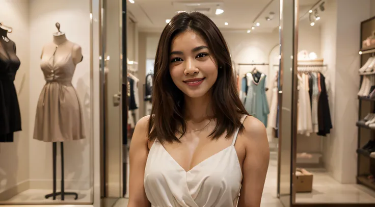 (Best quality, 8k, masterpiece: 1.3), a beautiful Asian woman with dark brown hair, looking at dresses inside a boutique, smiling, Nikon D850 DSLR 4k camera, 100mm lens, F 1.2 aperture setting, bright and natural lighting, vibrant, relaxing atmosphere