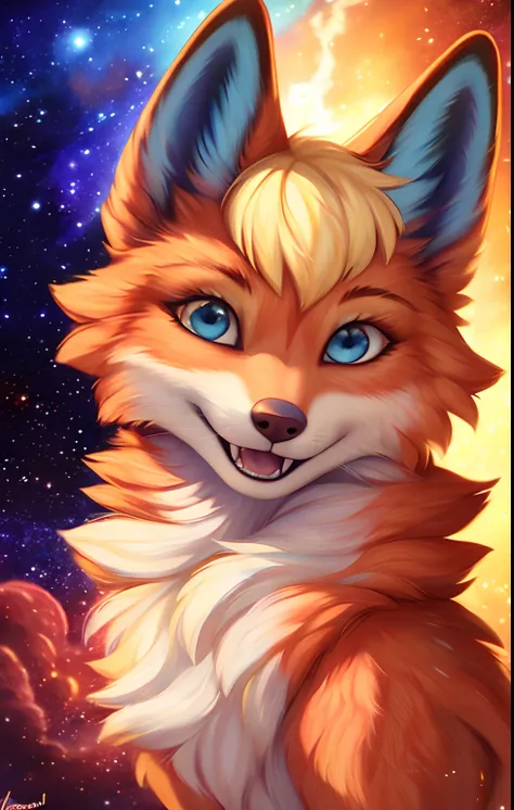 wolf,orange fur, white fur,space, stars, happy, mouth open, teeth, smile, looking at viewer, honoy hioshiru personalami,tail,blu...