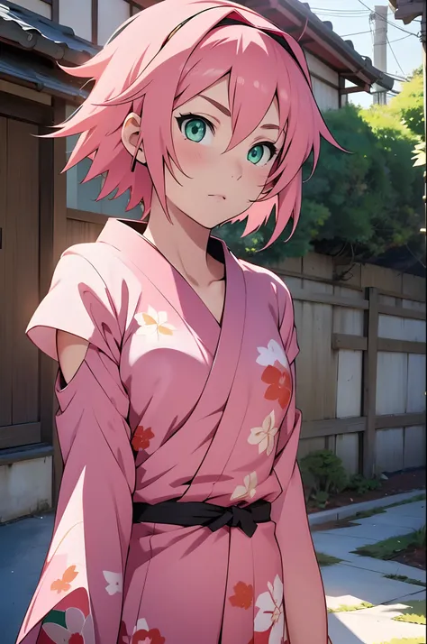 1girl, pink short hair, green eyes, anime girl, sakura haruna, japanese anime character, Kishimoto, Japanese anime style, q