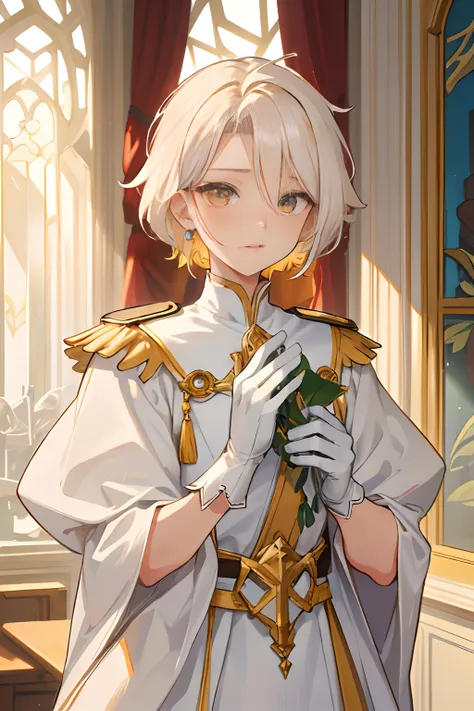 prinz，childrens，1boys，Yellow decoration，citrine，Pedras preciosas，starlights，Depicts delicate eyes，Opal eyes，Depict delicate facial features，White uniform，Maximalism，Sophisticated design，White gloves，goth style，Priesthood dress，ribbon，with short white hair，...