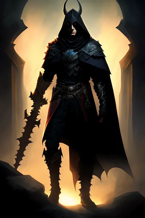 dark cloak, dark rogue, d&d dark sun character art, dark tiefling, face showing, holding whip