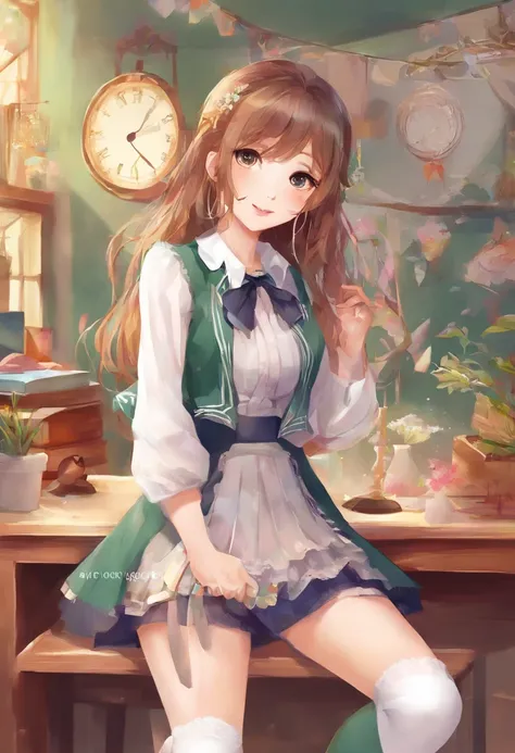 (Super beauty１８age、kpop star、Slimed、huge tit、Beautiful long legs、Semi-long bob cut hair、Clear, beautiful blue eyes with tear bags）（High School Summer Uniforms、White small sheer blouse、Green Check Micro Mini Flare Skirt、Black stockings、Black garter belt、whi...