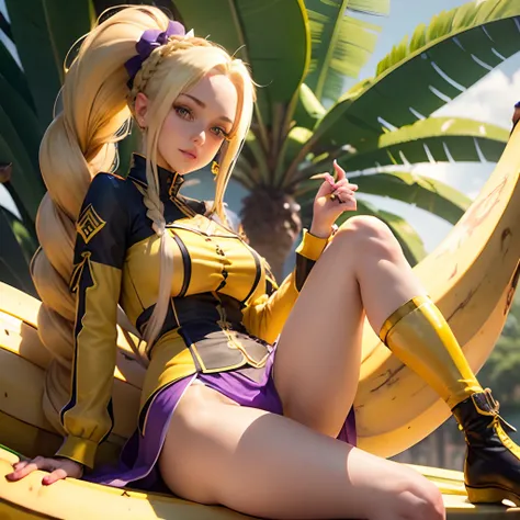 tmasterpiece (1 banana girl 25 years old :1.3) , violet eyes, blonde woman, hairlong, braided ponytail, pointed ears, mouth open. Half-smile. (Sitting on a giant banana), full-length photo. higly detailed. Top Quality.