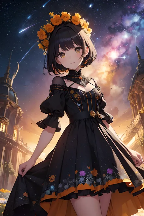 eaArt Bot Txt2Img Default 14:33:13 Masterpieces、Background with（（Fantastic starry sky、kosmos、Meteor swarm、black hole、Irridescent color））depth（（planetes））、Yellow dress with orange floral embroidery、a beauty girl、There are flowers that are glowing in a fanta...